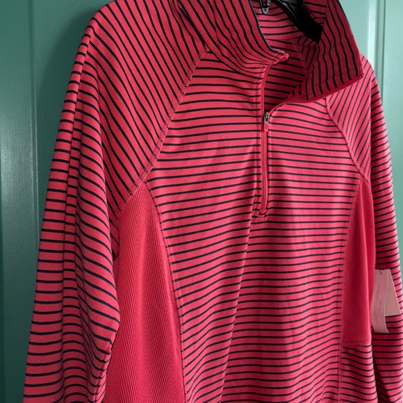 Talbots Coral and Navy Blue Striped Half-Zip Sweatshirt - Picture 2 of 7